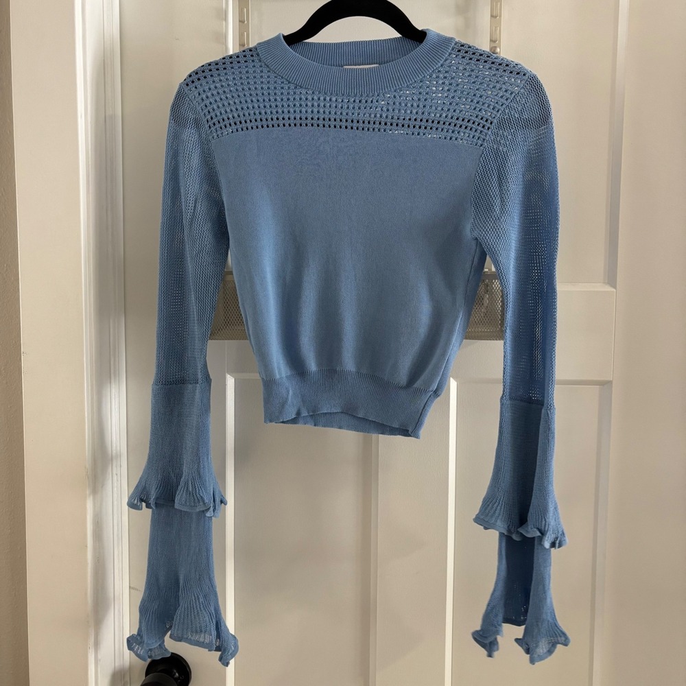 NWT MISA Los Ángeles Blue Knit Bell Ruffle Sleeve Cropped Sweater Womens size XS
